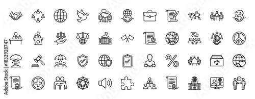 International relations and diplomacy line icon set. Vector pictograms of handshake, globe, treaty, embassy, and negotiation, thin linear illustration.