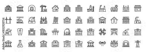 City infrastructure and buildings line icon set. Vector pictograms of hotel, hospital, factory, school, store, bank, station, bridge, and house, thin linear illustration.