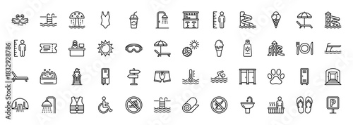 Waterpark and swimming line icon set. Vector pictograms of waterslide, sun umbrella, swimsuit, lifeguard, and shower, thin linear illustration.