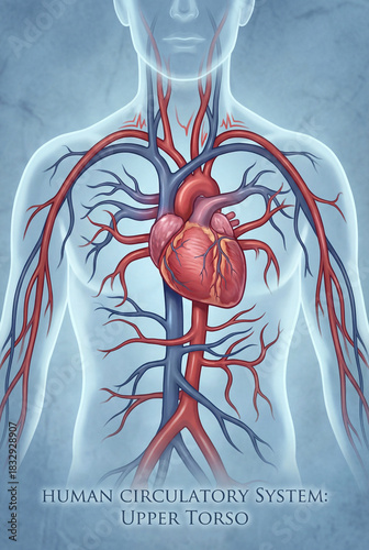 Illustration of the human circulatory system showing heart veins and arteries in torso