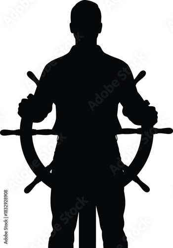 Man Captain Steering Ship Wheel Silhouette Vector