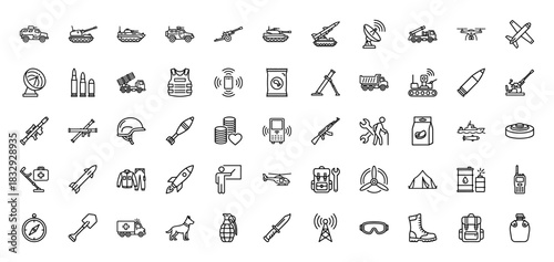 Military and army outline icon set. Vector pictograms of tank, missile, drone, helicopter, and uniform, thin linear illustration.