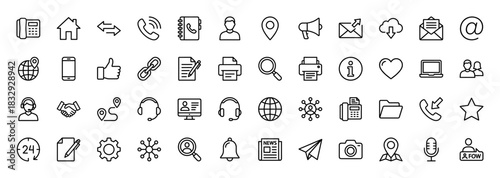 Communication and contact line icon set. Vector pictograms of telephone, envelope, address book, location pin, and globe, thin linear illustration.