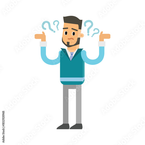 Confused man shrugging his shoulders with question marks around his head