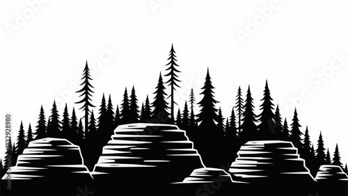 Monochrome Landscape with Trees and Rock Formations.