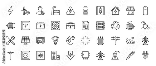 Energy and electricity line icon set. Vector pictograms of wind turbine, battery, factory, solar panel, and power grid elements, thin linear illustration.
