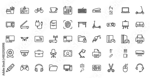 Business and office supplies line icon set. Vector pictograms of computers, furniture, peripherals, and electronics, thin linear illustration.