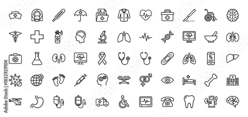 Medical healthcare line icon set. Vector pictograms of stethoscope, heart, brain, hospital, and emergency, thin linear illustration.