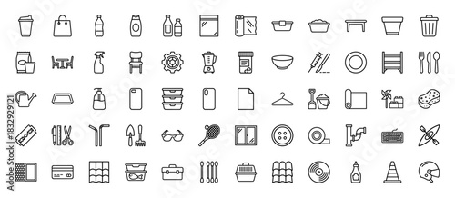 Household objects and domestic items line icon set. Vector pictograms of furniture, gardening tools, kitchenware, and supplies, thin linear illustration.