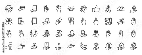 Hands and gestures line icon set. Vector pictograms of credit card, money, giving, offering, praying, and clicking, thin linear illustration.