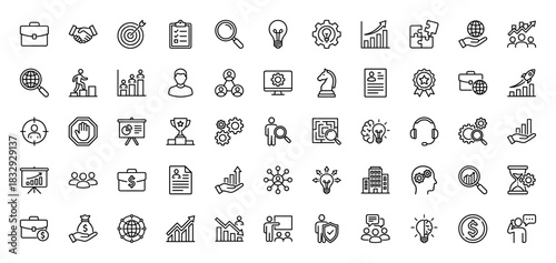 Business and corporate strategy line icon set. vector pictograms of briefcase, gear, chart, target, team, and finance, thin linear illustration.