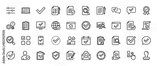 Business and compliance line icon set. Vector pictograms of approved checklist, secure document, verified globe, and quality guarantee, thin linear illustration.