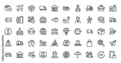 Logistics and delivery line icon set. Vector pictograms of truck, ship, plane, box, warehouse, forklift, courier, map, calendar and tracking, thin linear illustration.
