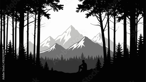 Solitary Figure Contemplating Majestic Mountain Landscape Through Forest Silhouette.