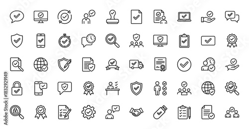 Verification and quality control line icon set. Vector pictograms of checkmark, shield, stamp, document, certificate, badge and handshake, thin linear illustration.