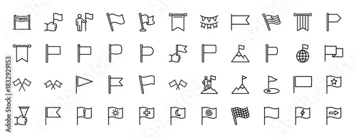 Flag and pennant line icon set. Vector pictograms of finish line, checkered flag, signal flags, and banners, thin outline illustration.