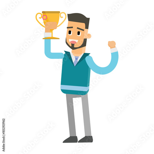 Happy bearded man holding a gold trophy cup celebrating victory. Concept of achievement and success