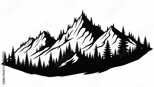 Majestic mountain range silhouette with towering peaks and dense forest.