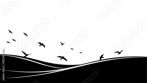 Silhouette of Birds Flying Over Wavy Landscape.