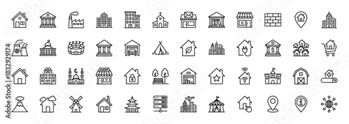 Real estate and city buildings line icon set. Vector pictograms of house, factory, bank, shop, hospital, and apartment, thin linear illustration.