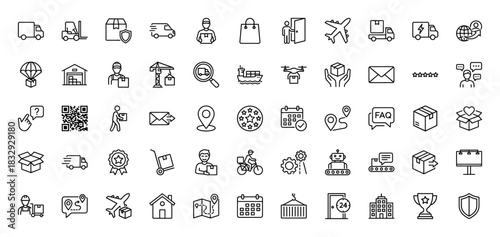 Logistics and shipping line icon set. Vector pictograms of truck, airplane, warehouse, and delivery, thin linear illustration.