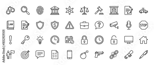 Law and order line icon set. Vector pictograms of police car, court, handcuffs, gavel, and security shield, thin linear illustration.