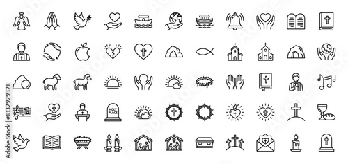Religion and spirituality line icon set. Vector pictograms of cross, church, dove, bible, and angel, thin linear illustration.
