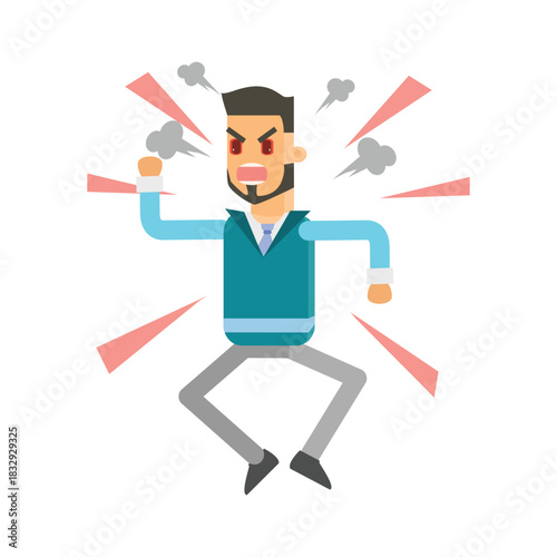 Angry man jumping with rage, shouting with steam coming out of his ears