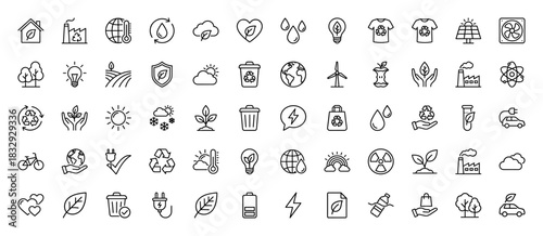 Ecology and environment line icon set. Vector pictograms of recycling, solar, factory, plant, leaf, car, battery, and water, thin linear illustration.