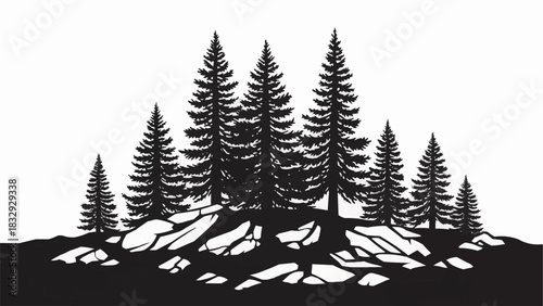 Black silhouette of evergreen pine trees on a rocky landscape.