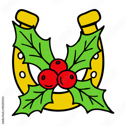Dibujo sencillo con líneas de herradura con hojas y bayas de acebo para tarjetas y felicitaciones de Navidad
