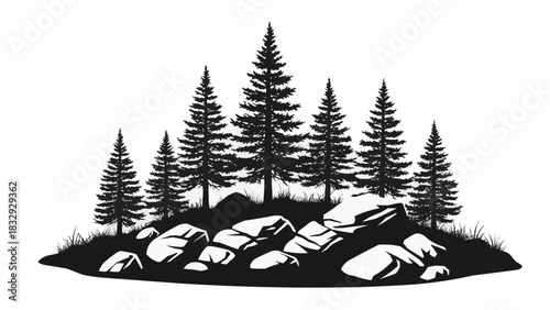 Silhouette of Pine Trees and Rocks in a Forest Landscape.