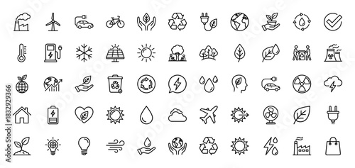 Ecology and sustainability line icon set. Vector pictograms of solar panel, wind turbine, recycle, car, leaf, globe, battery and nature, thin linear illustration.