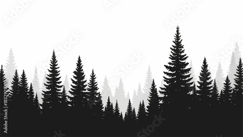 Silhouette of evergreen trees forest landscape against white sky.