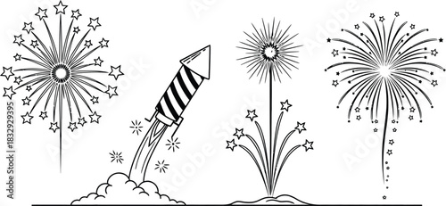 Dynamic Collection of Festive Firework Burst and Rocket Launch Vector Illustrations, Perfect for Celebration, Holiday Events, and Explosive Graphic Designs, EPS Style Set