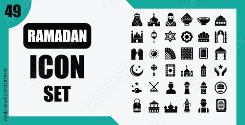 Ramadan icon set with various islamic symbols on transparent background silhouette