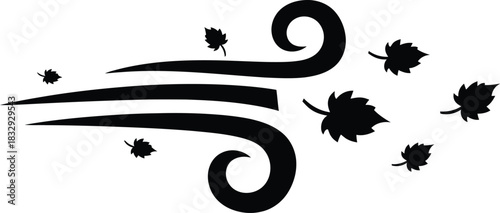 Black Wind Swirl with Autumn Leaves Silhouette Icon Vector