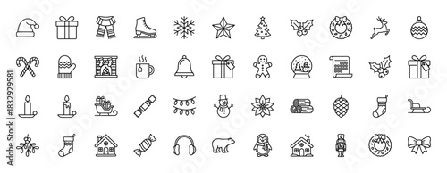 Christmas line icon set. Vector pictograms of tree, snowflake, gift, santa, reindeer, snowman, wreath, gingerbread, and decorations, thin linear illustration.