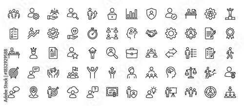 Human resources and business management line icon set. vector pictograms of career growth, teamwork, success, and strategy, thin linear illustration.