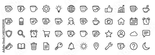 Business and utility line icon set. Vector pictograms of cups with concepts like idea, chart, finance, calendar, and security, thin linear illustration.