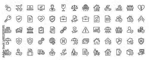Insurance and protection line icon set. Vector pictograms of house, car, health, and money security, thin linear illustration.