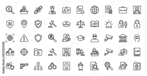 Justice and law line icon set. Vector pictograms of gavel, handcuffs, balance, police, and shield, thin linear illustration collection.