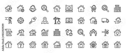 Real estate line icon set. Vector pictograms of house, key, agreement, map, apartment, contract, and property search, thin linear illustration.