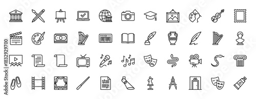 Arts and culture line icon set. Vector pictograms of paintbrush, palette, violin, harp, cinema camera, theatre masks, book, museum statue, thin linear illustration.