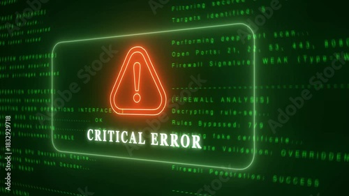 Computer System Critical Error Alert with Exclamation Mark and Digital Code Keywords: computer, system, critical, error, alert, warning, digital, technology, security, failure, message, screen