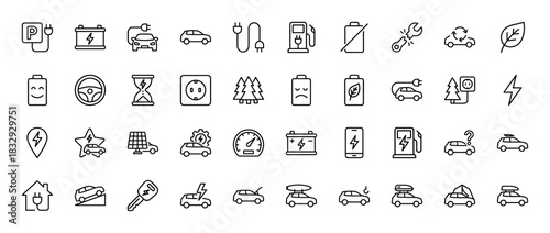 Electric vehicle and automotive line icon set. Vector pictograms of car, charging station, battery, plug, solar panel, repair and parking. Thin linear illustration.
