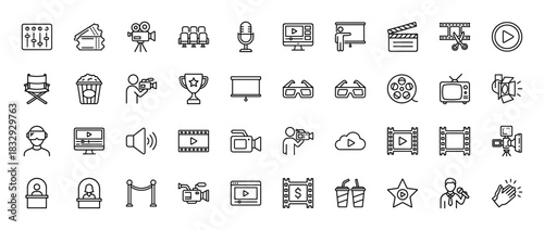 Movie and cinema entertainment line icon set. Vector pictograms of camera, ticket, clapboard, film reel, and projector, thin linear illustration.