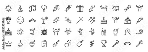 Celebration and party line icon set. vector pictograms of gift, balloon, cocktail, firework, cake, and confetti, thin linear illustration.