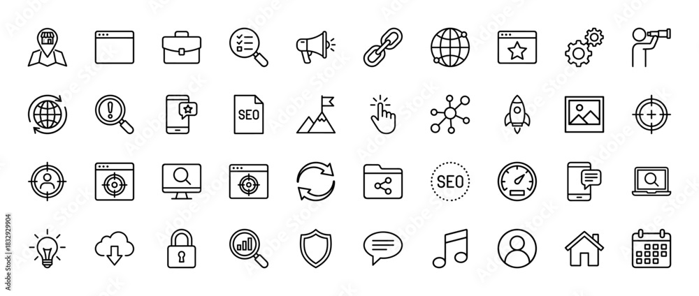 Fototapeta premium Digital marketing and seo line icon set. vector pictograms of magnifying glass, globe, target, folder, and calendar, thin linear illustration.