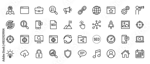 Digital marketing and seo line icon set. vector pictograms of magnifying glass, globe, target, folder, and calendar, thin linear illustration.